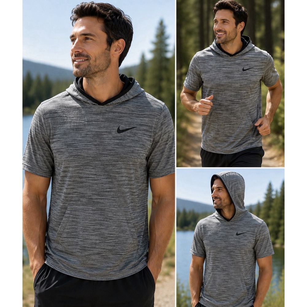 Nike Dri-FIT Spotlight Short Sleeve Hoodie Mens Large Gray Hooded Pullover